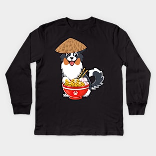 Funny collie dog is eating noodles Kids Long Sleeve T-Shirt